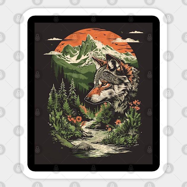 Majestic Wilderness: Lone Wolf and Mountain Landscape Tee for her for him Sticker by familycuteycom